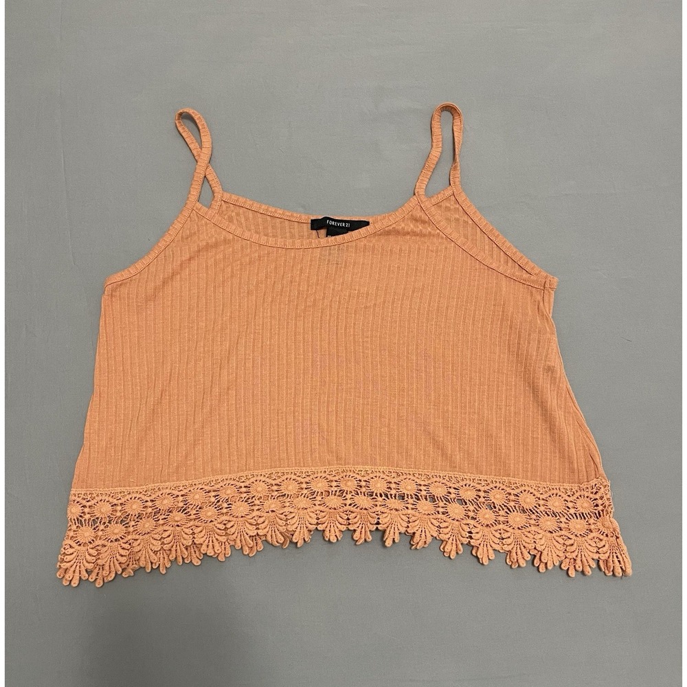 Forever 21 Womens Ribbed Cami Top Orange Crochet Lace Hem Spaghetti Strap Small